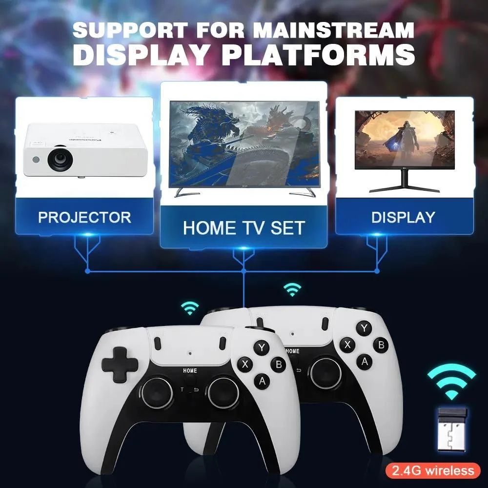 Advance AD-222 wireless game player system featuring an HDMI video game stick and a 2.4G wireless gamepad, designed for plug-and-play gaming on compatible displays. www.usmile.com